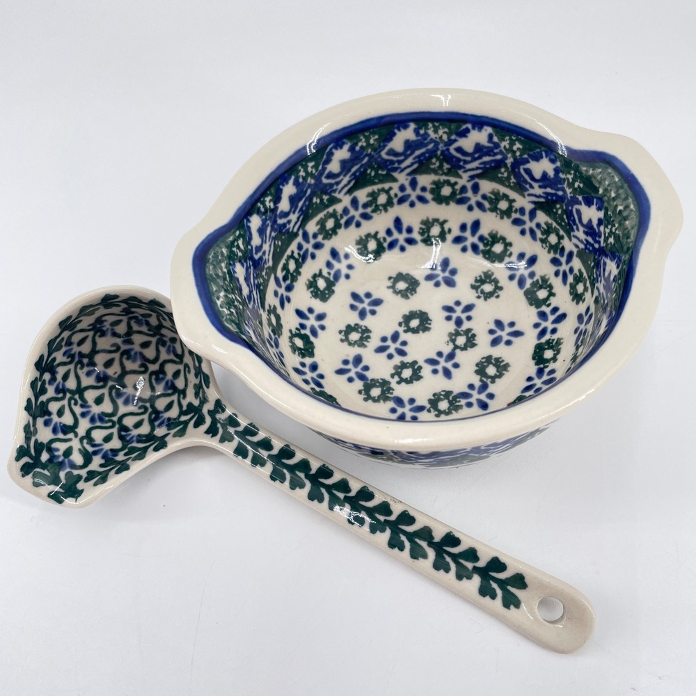 Polish Pottery Boleslawiec Gravy Sauce Bowl & Ladle Set Mixed Blue Green MP-121